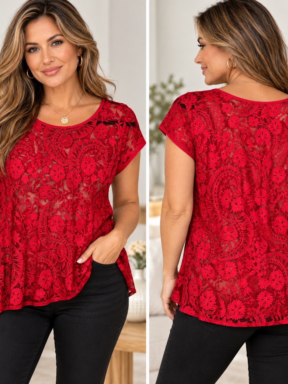 Karen Kane Red Floral Allover Lace Short Sleeve Blouse Top Tunic Size XL